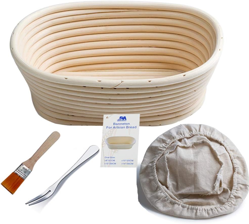 Banneton Proofing Basket 8" Oval Banneton Brotform for Bread and Dough [FREE BRUSH] Proofing Rising Rattan Bowl + FREE LINER (500g dough) Light Brown