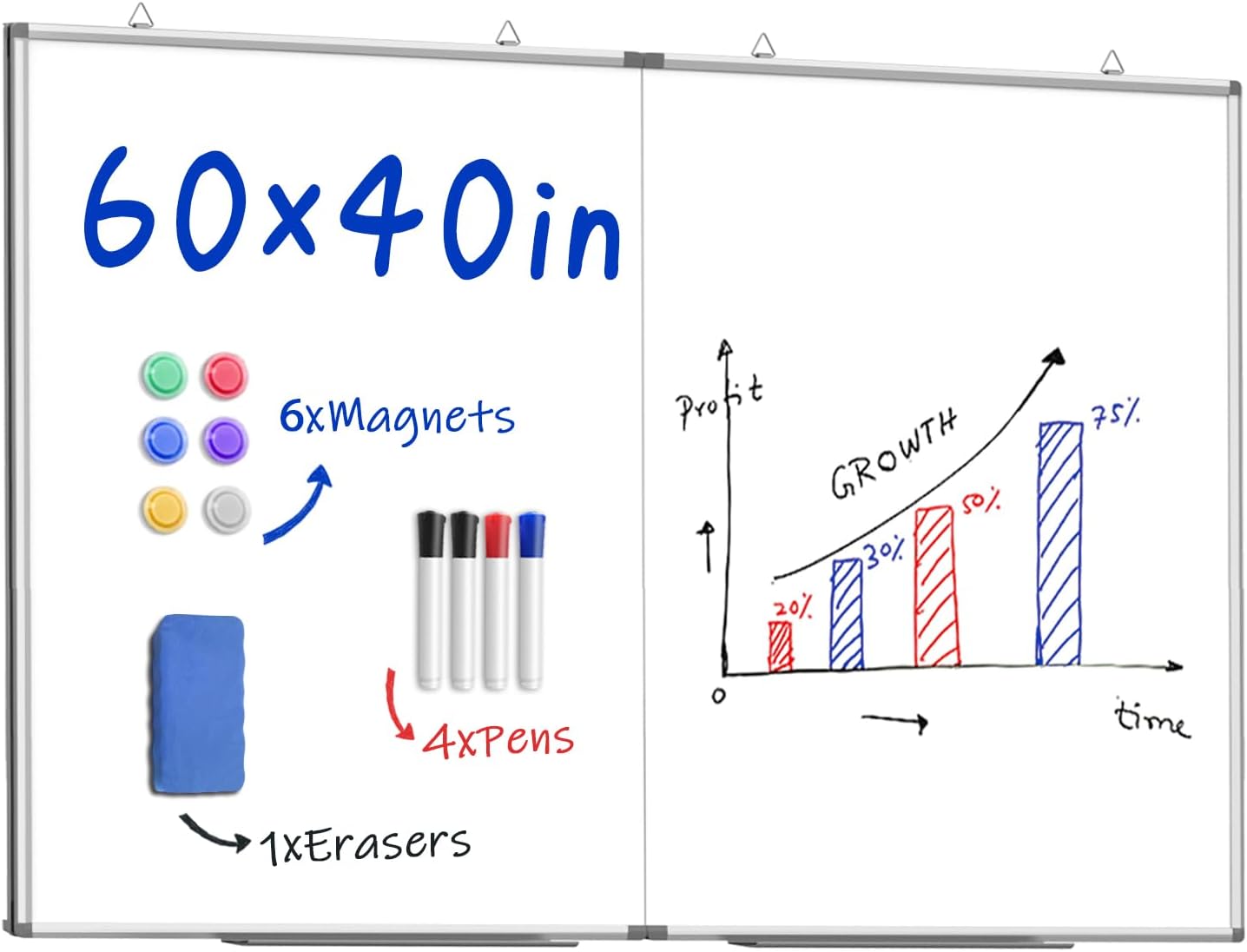 60"X 40" Large Magnetic Dry Erase Whiteboard, Wall Hanging Board with 4 Pens & 1 Dry Erasers & 6 Magnets, Sliver Aluminum Frame White