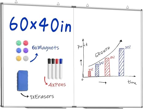 60"X 40" Large Magnetic Dry Erase Whiteboard, Wall Hanging Board with 4 Pens & 1 Dry Erasers & 6 Magnets, Sliver Aluminum Frame White