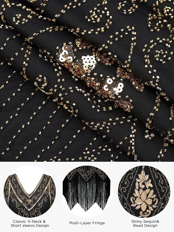 Image of 866A - 1920s Vintage Fringed Gatsby Sequin Beaded Tassels Hem Flapper Party Prom Cocktail Dress with Accessories