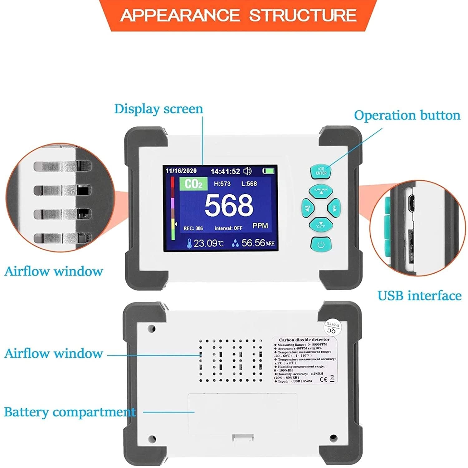 Détecteur de dioxyde de Carbone 3,2 Pouces testeur de Compteur de CO2 Compteur de qualité de l'air Rechargeable avec testeur de Support de boîte de Rangement (Taille Unique Blanche)