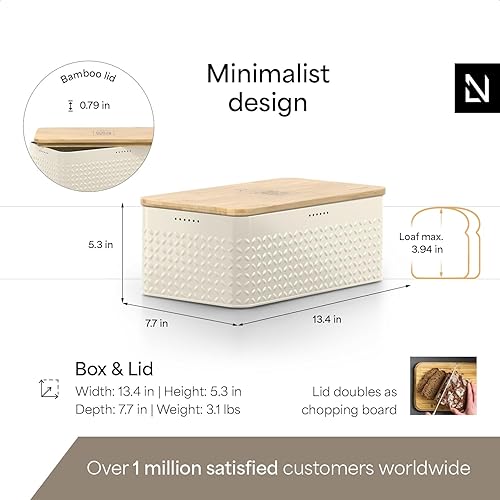 Miniatura 25 de LARS NYSØM Caja de pan I Caja de metal con bolsa de lino para una frescura duradera I Panera con tapa de bambú utilizable como tabla de cortar I
