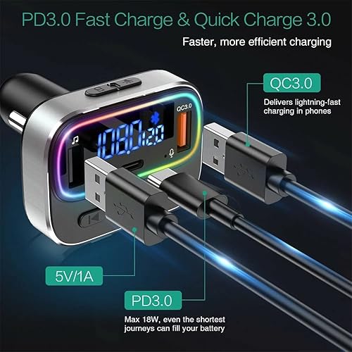 Miniatura 5 de Bluetooth Car Adapter, Blutu para Carros, Blooth Tooth Fm Transmitter Support Type-C PD + QC3.0 Fast USB Charger, Hands Free Calling, Siri Google