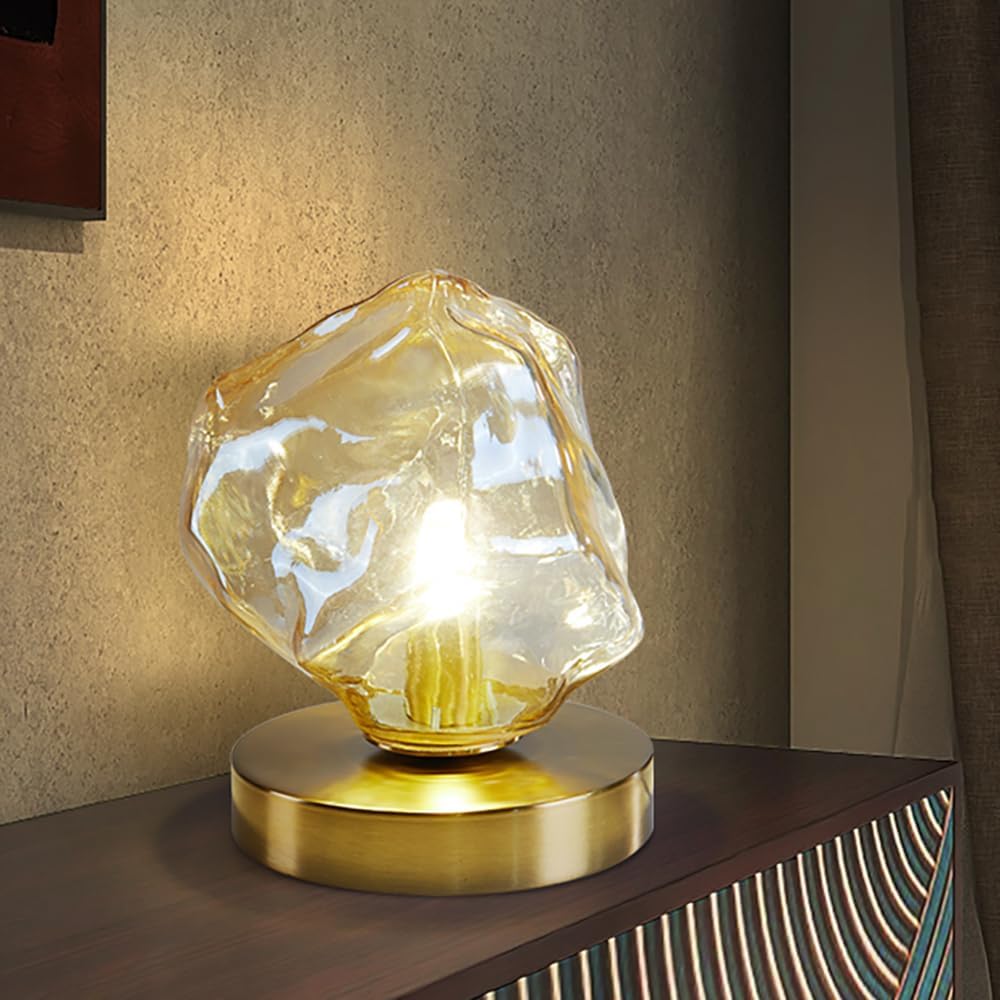 Meefad Modern Glass Table Lamp Ice Cubes Shaped Bedside Nightstand Lamp Small Decorative Night Light for Bedroom Living Room Amber Finish