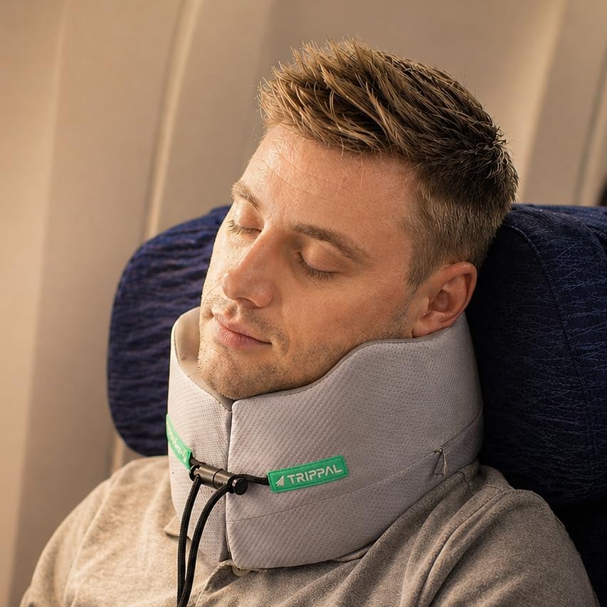 TripPal Travel Neck Pillow for Airplane: Neck Brace-Like Support 360° Chin Lock for Men in Middle Seat Sleep - Zero Head Slumping into Strangers - 8-Hour Upright Sleeping Without Neck Pain