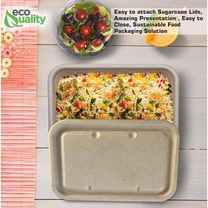 EcoQuality 34oz Disposable Bowls with Fiber Lids - Rectangular Compostable Sugarcane Fiber Biodegradable Paper Bowls Eco-Friendly Take Out Food Storage Containers, Microwave Safe, Meal Prep (50 PACK)