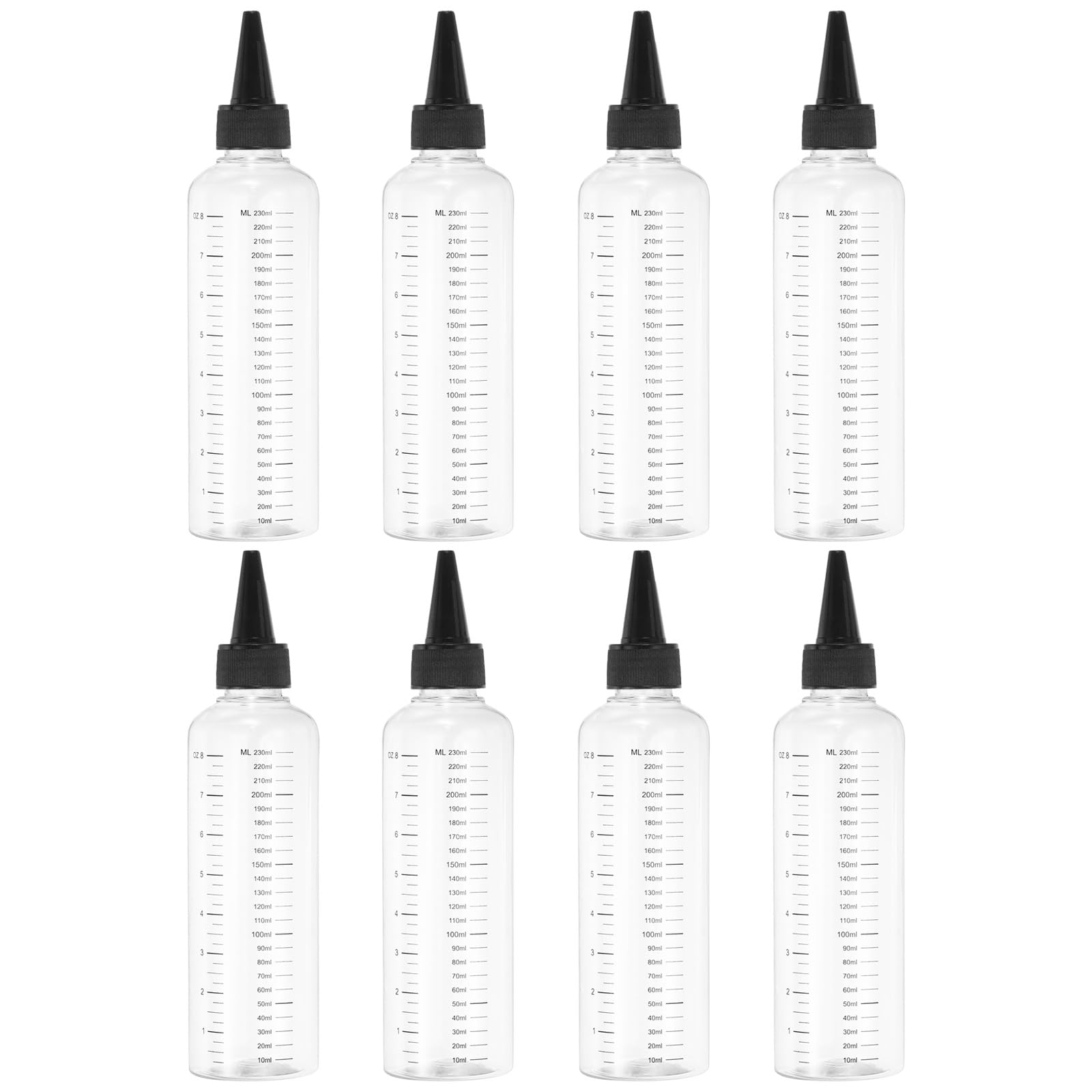 PATIKIL 230 Ml/8 oz Bottiglie Spremiplastica con Tappo Nero, 8 Pz Bottiglia di Erogazione Rotonda Graduata Vuota Bottiglia Puntuta per Liquidi, Artigianato, Oli, Condimenti, Trasparente