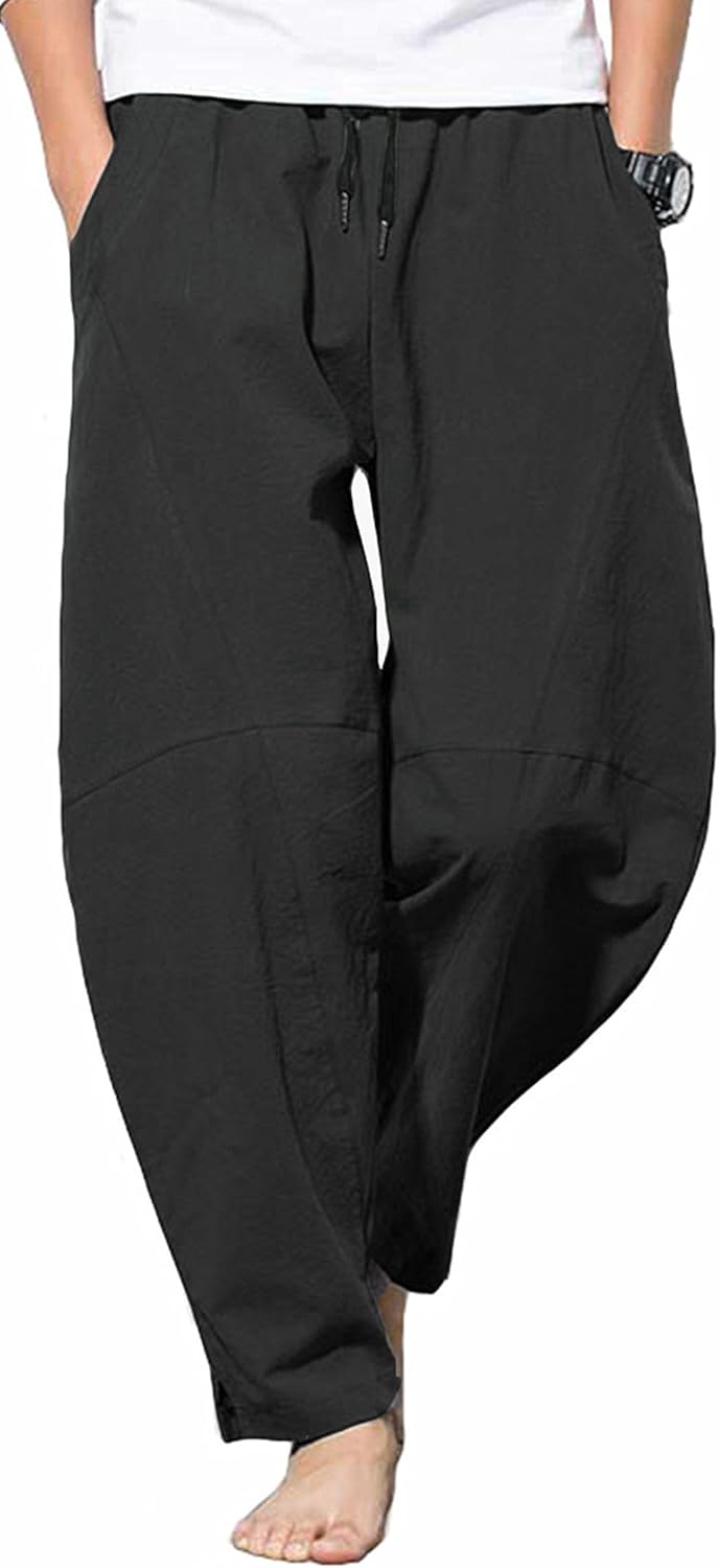 Men's Casual Cotton Linen Pants Elastic Waist Drawstring Beach Summer Lightweight Trousers