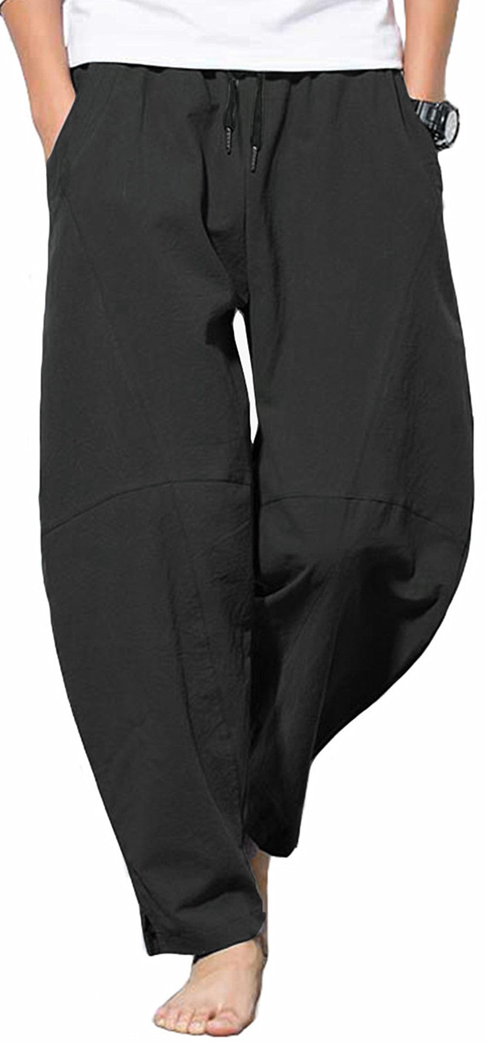 Mens Casual Cotton Linen Pants Elastic Waist Drawstring Beach Summer Lightweight Trousers