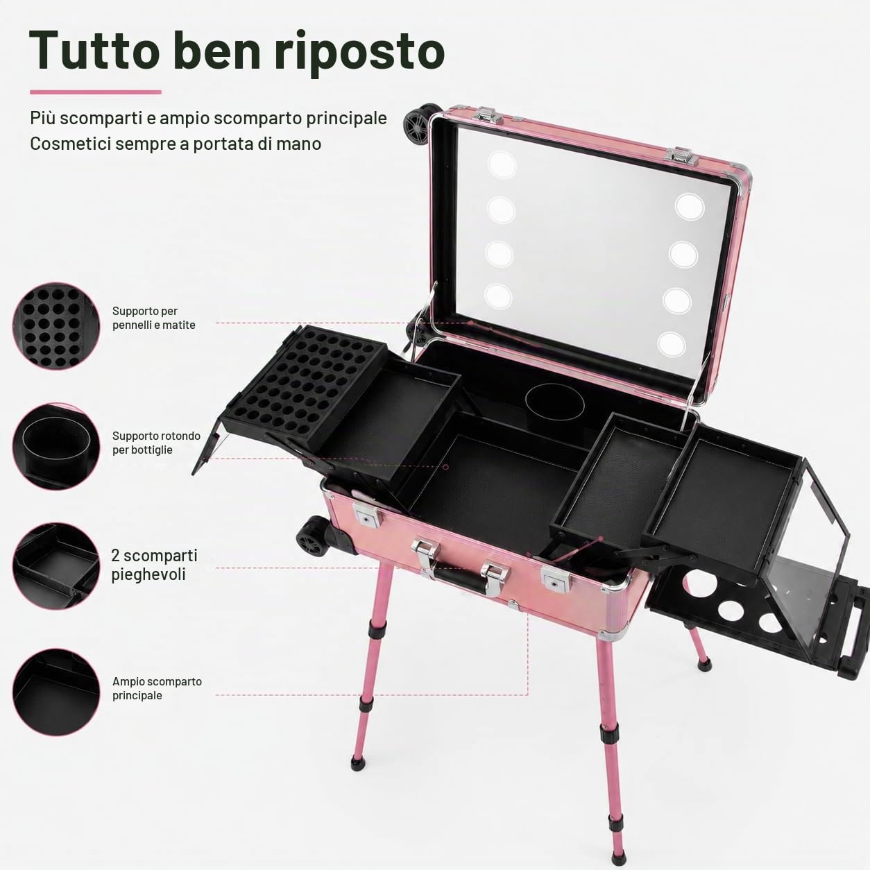 Rolling Makeup Train Case, valigetta per cosmetici in alluminio con luci da specchio, grande trolley per trucchi, organizer per unghie, Colore: rosa., Trolley valigetta cosmetica