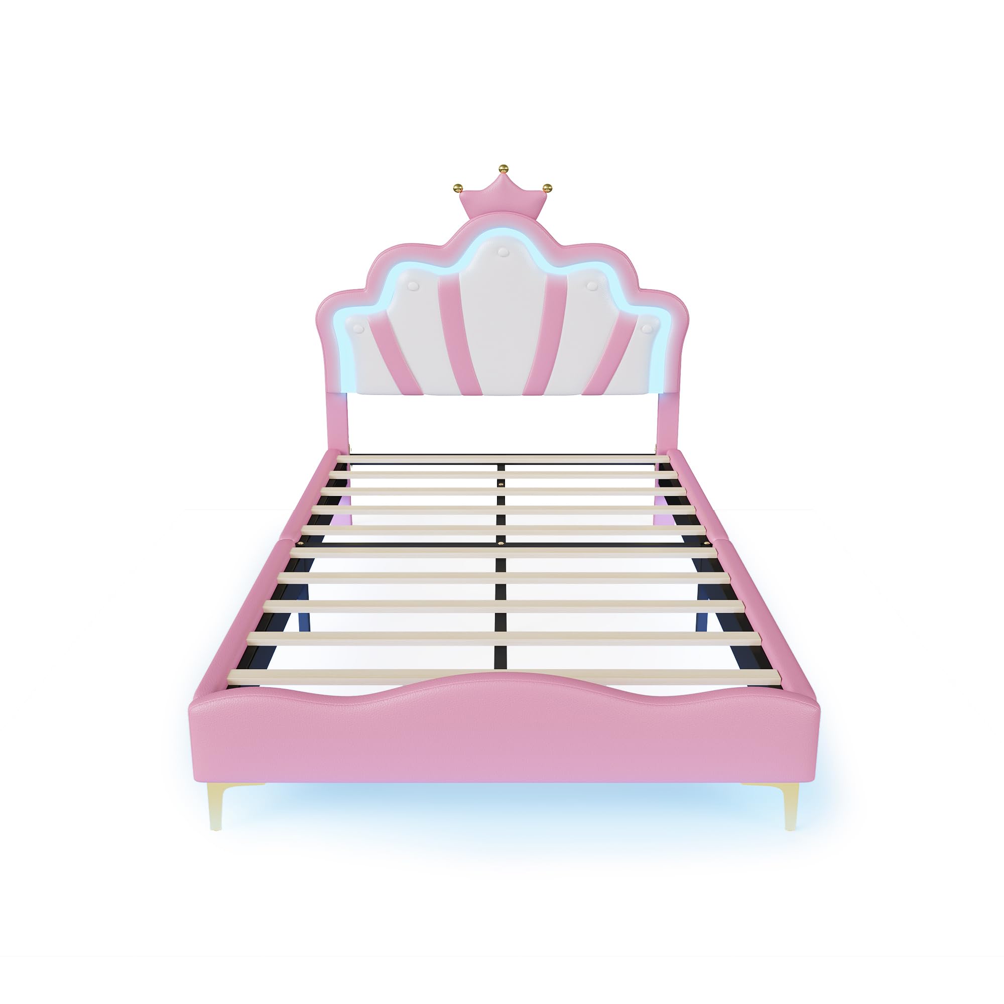 Lit Enfant 140x190 en Forme de Couronne Princesse, Lit avec LED et Tête de Lits Réglable, Cadre Lits 1 Place en Nuages pour Ado, Rose PU