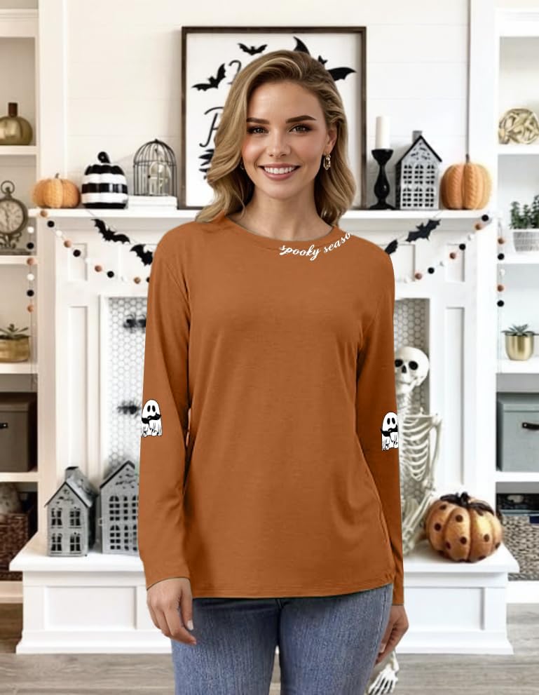 Halloween Shirts for Women Spooky Season Long Sleeve Halloween Sweater Fall Graphic Pumpkin Ghost Cat Pullover Tops - Image 2