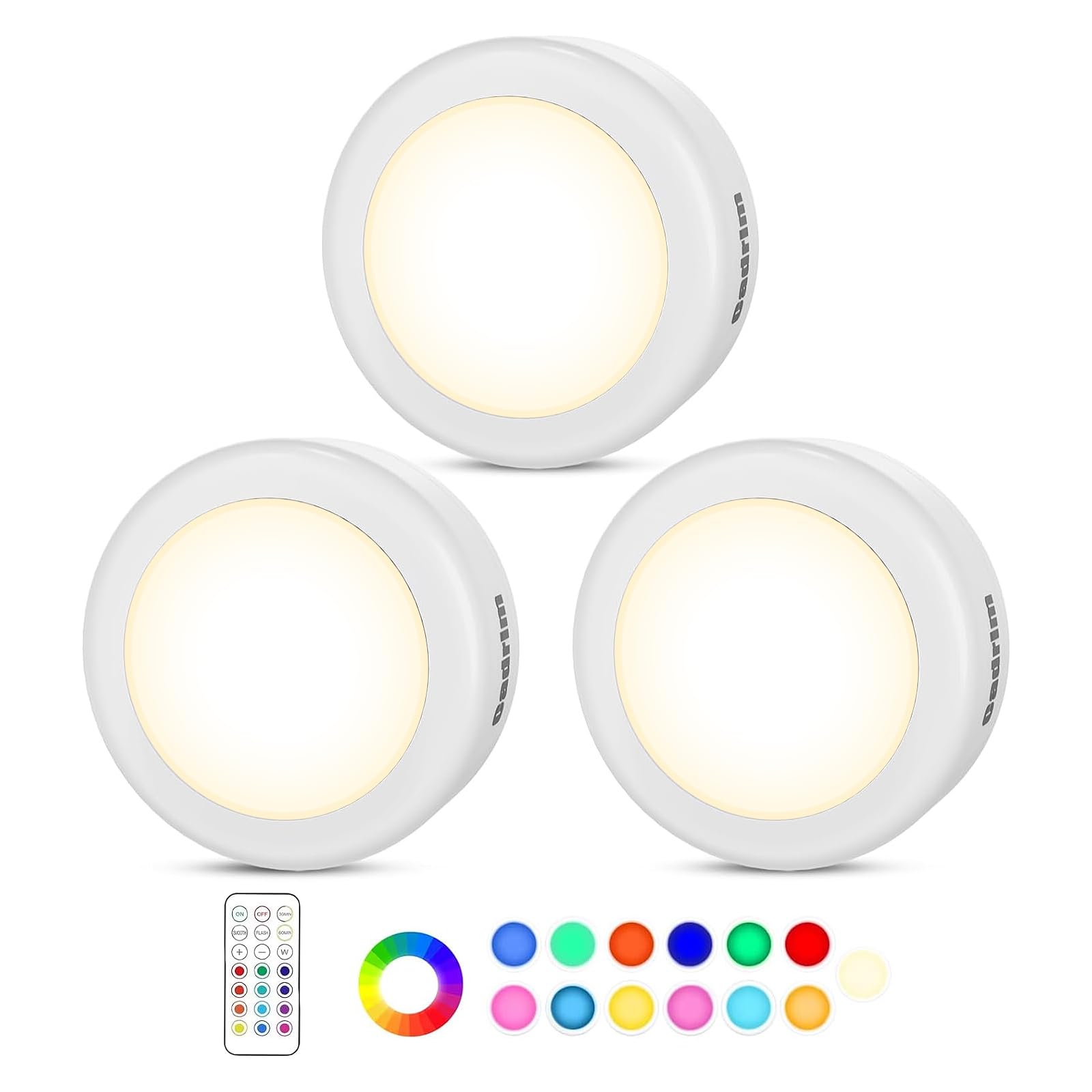 Under Cabinet Lights RGB Wireless Lights LED Closet Lights Night 3000K Dimmable 3pc Cadrim 13 Colors Changing Remote Control Brightness Adjustable Timer Battery Powered Light Kitchen Wardrobe Cupboard