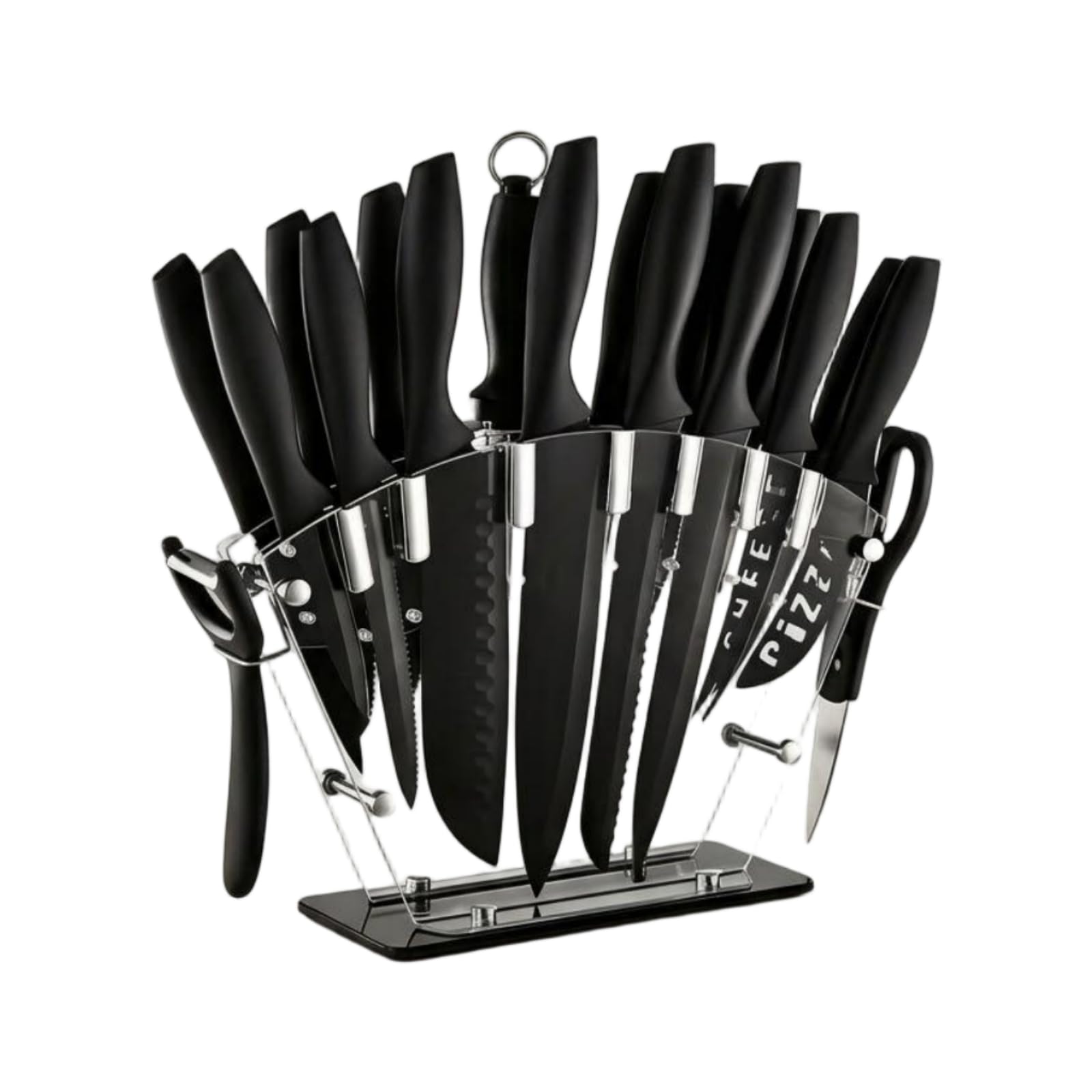 KLYTE 19-teiliges Messerset Schwarz, Moderner Messerblock aus Acryl, Komplettes Küchenmesser-Set mit Kochmesser & Steakmessern, Ergonomischer Griff, Rostfrei