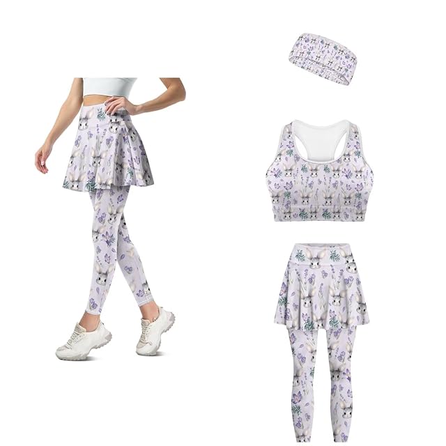 Womens Yoga Sets Matching Workout Sets 3 Pieces Matching Skirted Leggings Sport Bra Headband