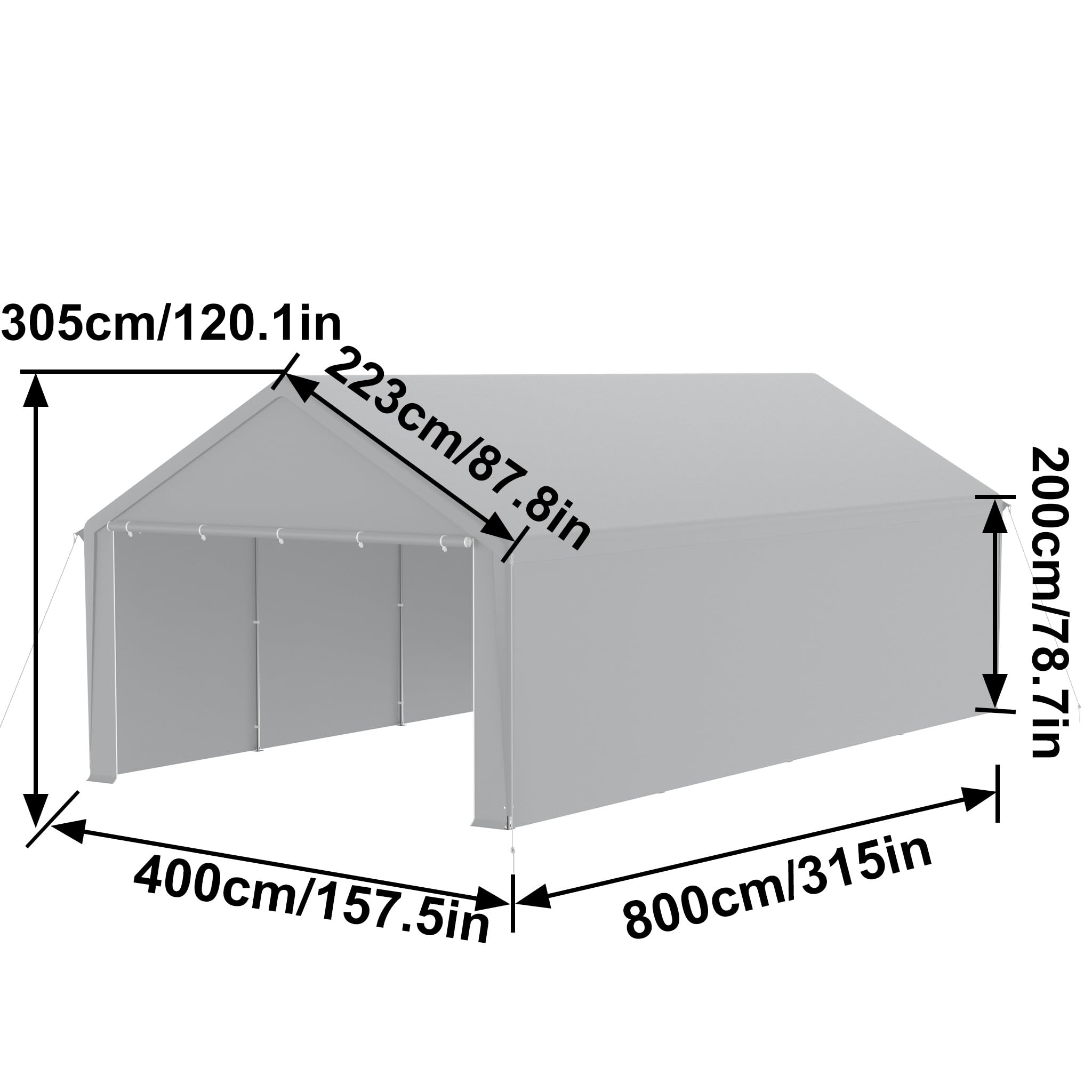 FIVMEN Carport, tente, 4 x 8 m, grande tente de garage, de rangement, avec parois latérales amovibles, résistant à l'hiver, mobile, pour voiture, SUV, camion, gris
