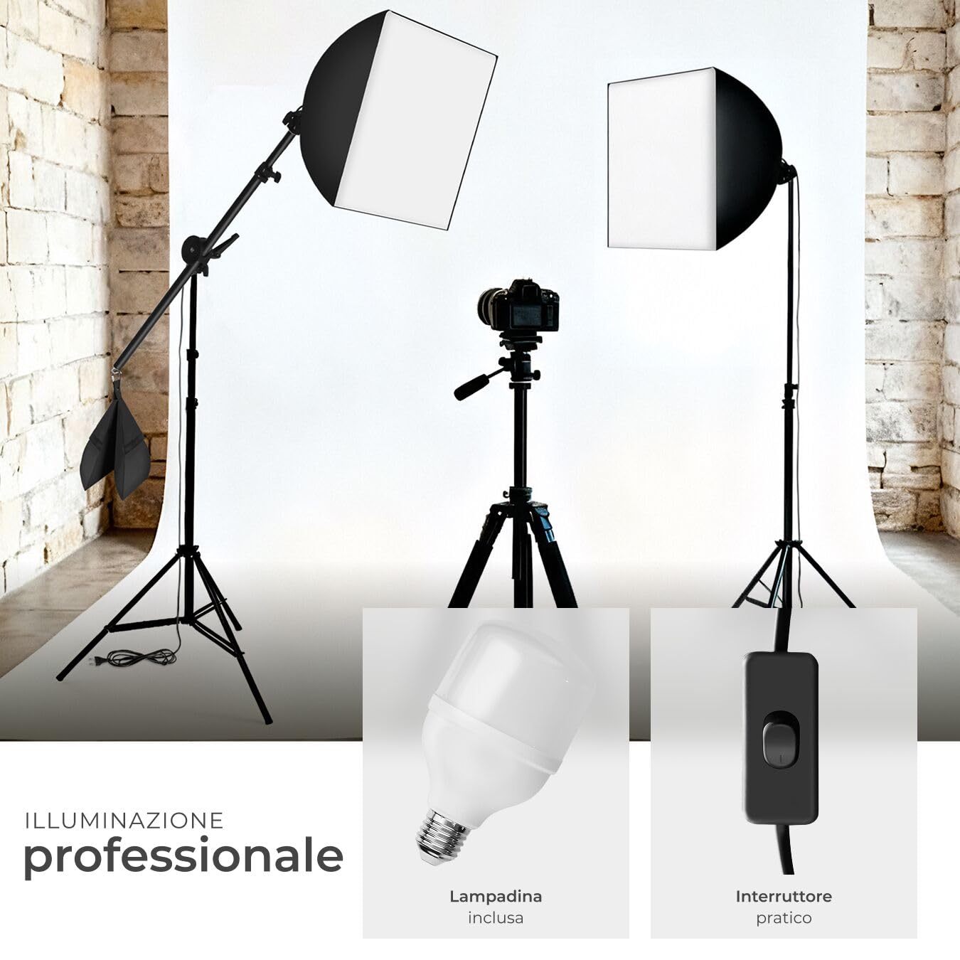 tectake® Set Softbox Luci per Studio Fotografico con Lampada, Set Fotografico 17 pz, Struttura Alluminio, 3 Stativi per Luci, 3 Lampade 6500K led 18 W, 3 Softbox, 1 Stativo a Giraffa, 4 Borse - Nero