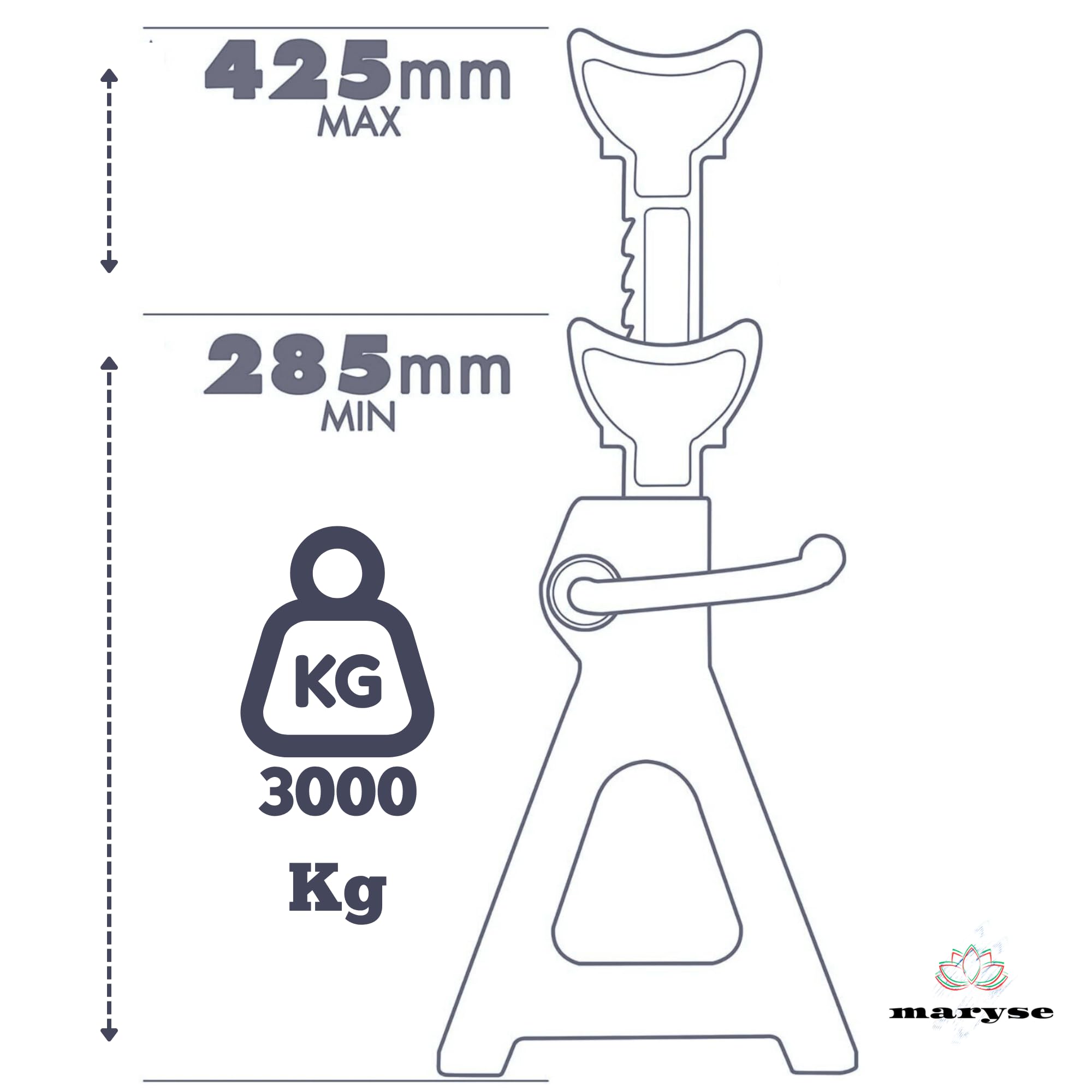 maryse Coppia Cavalletti Auto 3 Tonnellate – Supporti Regolabili in Acciaio Rinforzato con Blocco di Sicurezza – Altezza 285–425 mm – Ideali per Auto, SUV e Furgoni