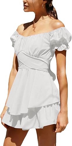 Miniatura 3 de LYANER - Vestido mini fruncido de manga corta con hombros descubiertos, atado en la espalda y con capas para mujer