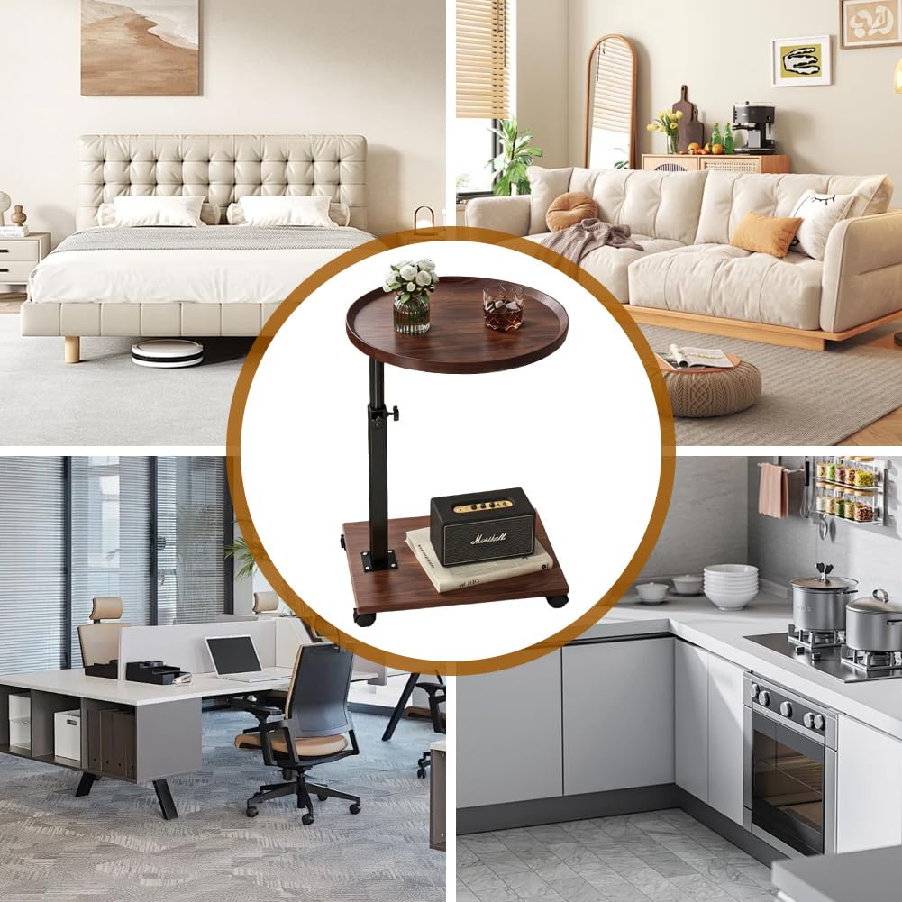 Stolik pomocniczy w kształcie litery C, z regulacją wysokości, 45-80 cm, z kółkami, obracany o 360°, drewniany, mały, stolik pomocniczy, na sofę, do salonu, sypialni, brązowy