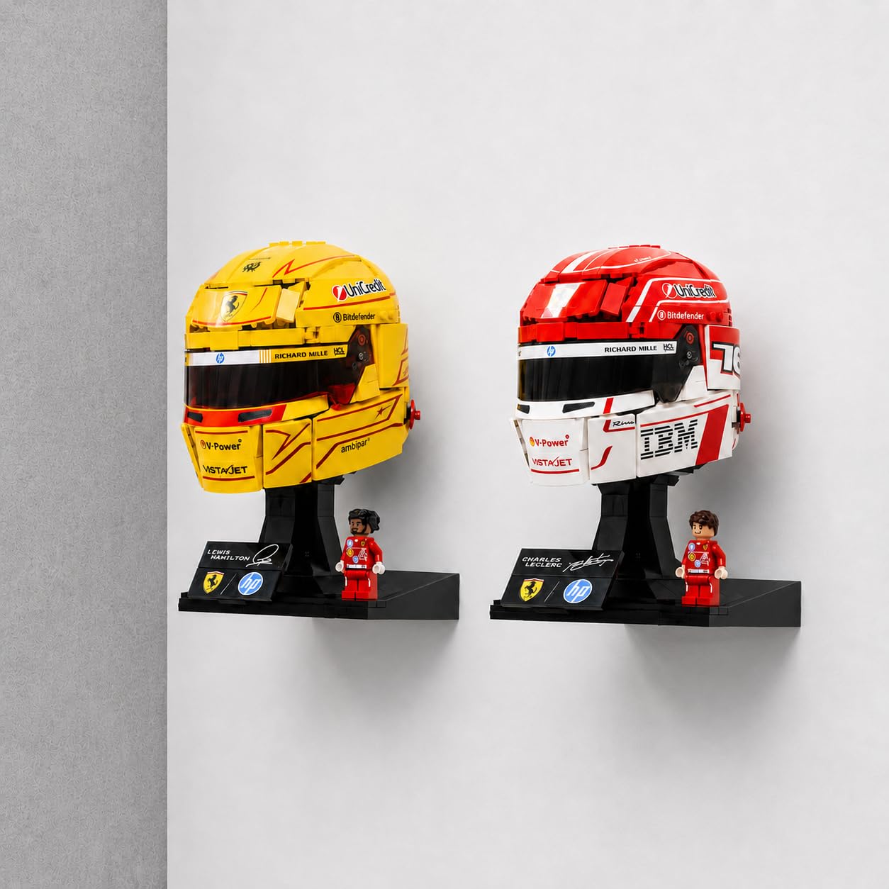 Brick Nest Wall Display Mount compatible with LEGO Ferrari F1 Helmets, Black, 3D Printed PLA, Includes Screws and Wall Plugs (Double Pack)