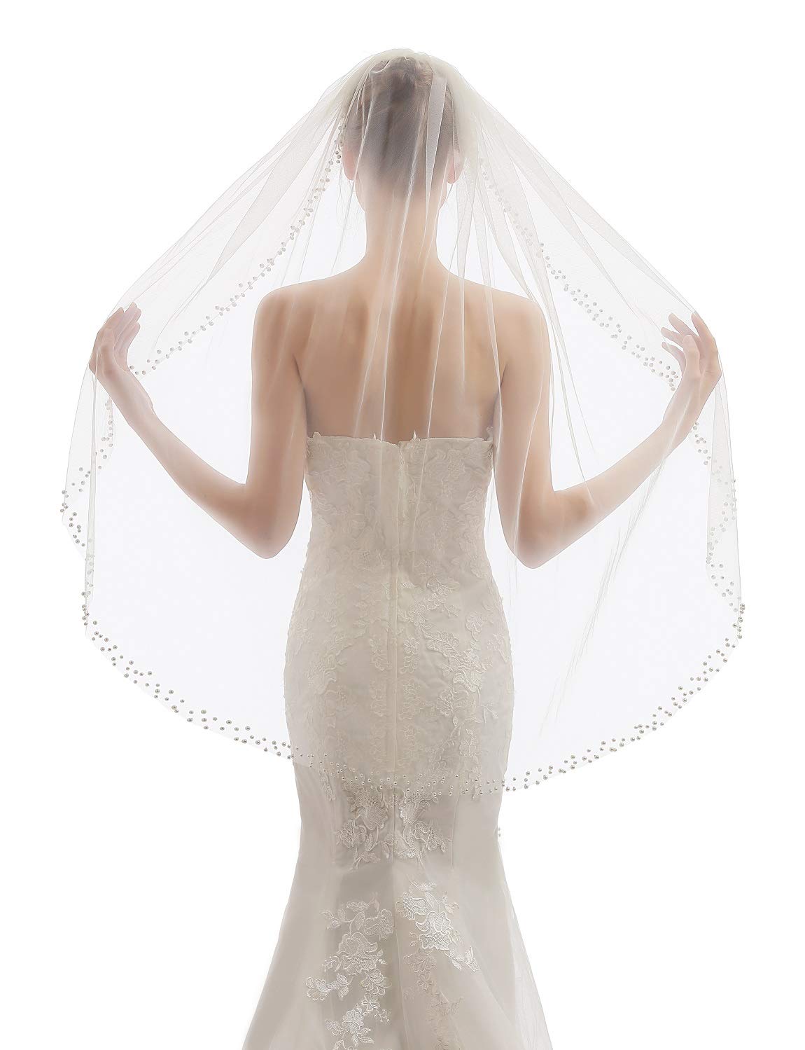 Womens 1 Tier Fingertip Length Pearl Wedding Bridal Veil With Comb X01