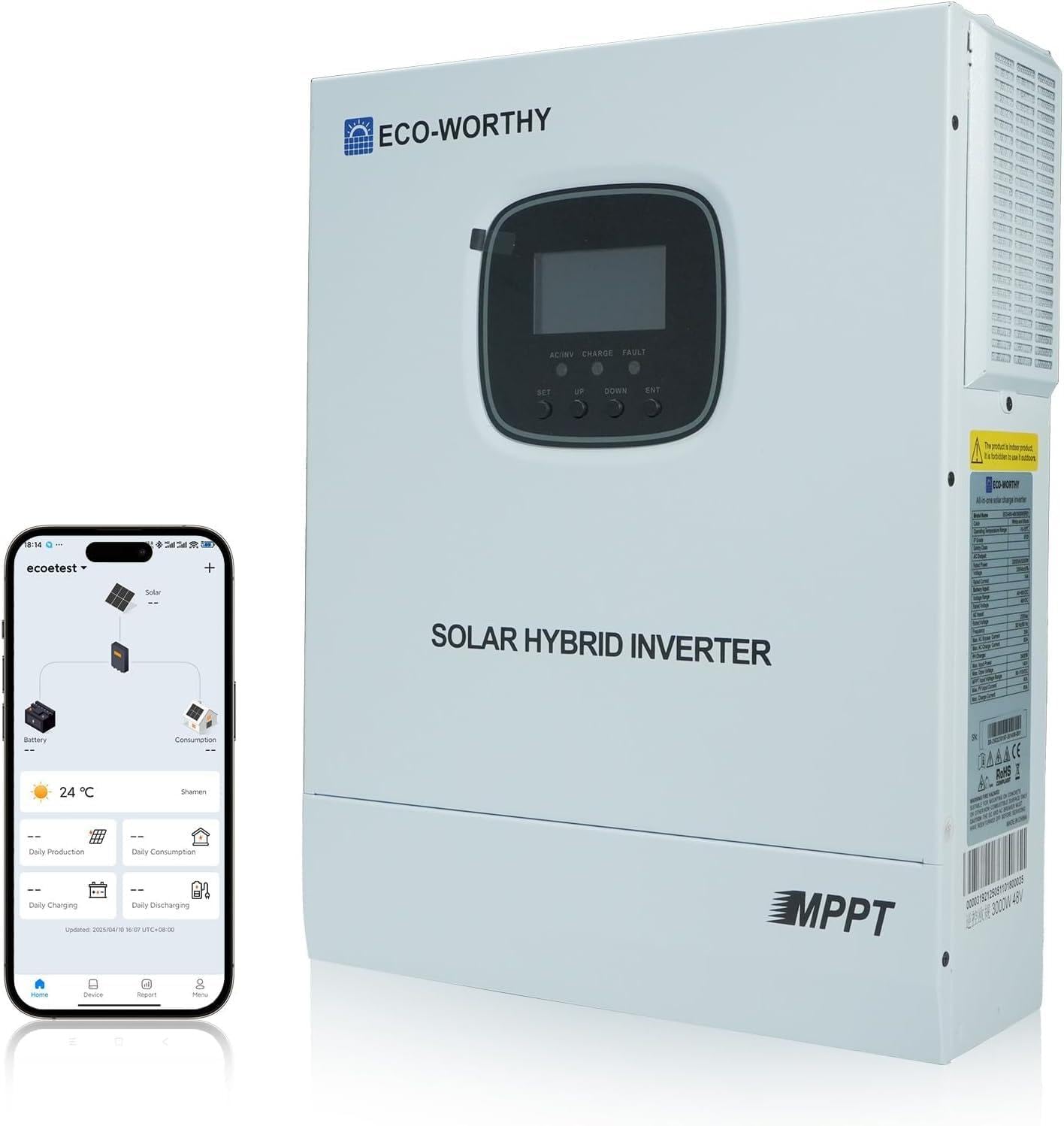 ECO-WORTHY 48V 3000W Hybrid Wechselrichter Reiner Sinus+ MPPT 60A DC zu 220V/230V AC Solarladeregler für Netzunabhängiger Wohnmobil Haushalt komplett Solaranlage