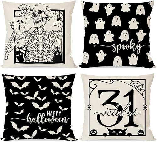 PANDICORN Juego de 4 fundas de almohada de Halloween de 20 x 20 pulgadas, diseño de murciélagos de esqueleto, gato negro, fantasma, decoración de disponible en Yaxa Mexico