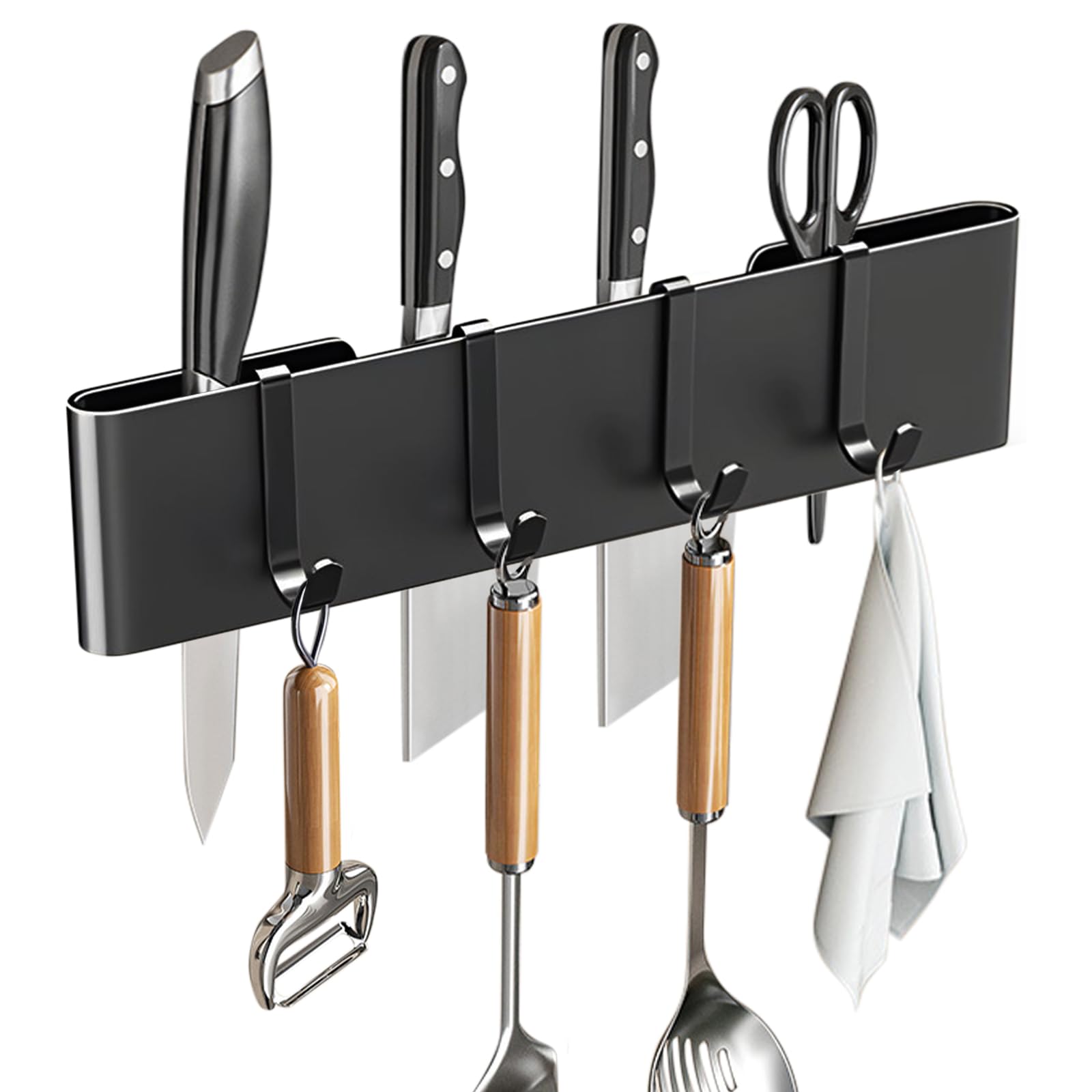 Kitchen Utensil Hanger, Wall-Mounted Utensil Rack with Hooks, Space Saving Kitchen Rack Rail for Home (Black-4Hooks)