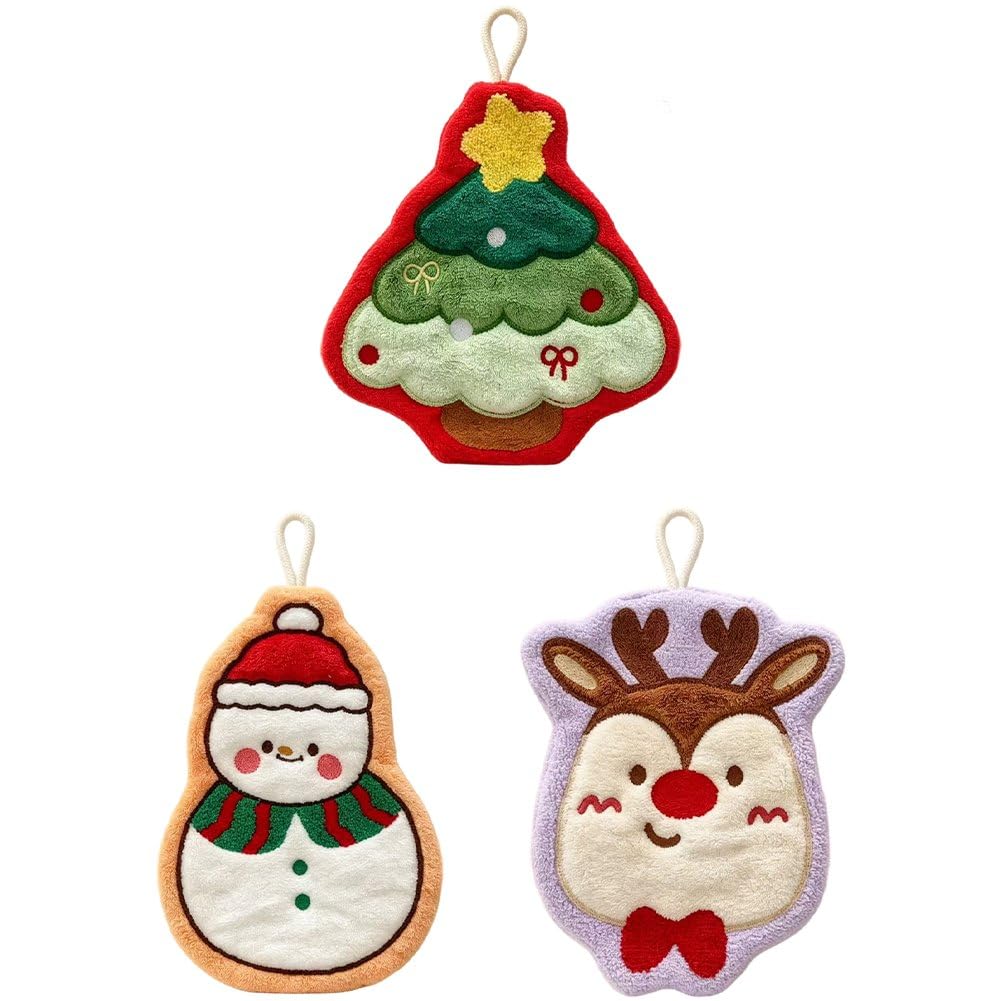 Caeanhi 3pcs Christmas Hanging Hand Towels Soft Coral Fleece Absorbent Hand Towel with Hanging Loop Dish Cloth for Bathroom and Kitchen