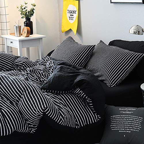Lamejor Duvet Cover Sets Queen Size Striped Pattern Reversible Luxury Soft Bedding Set Comforter Cover (1 Duvet Cover+2 Pillowcases) Black/White #TOP2