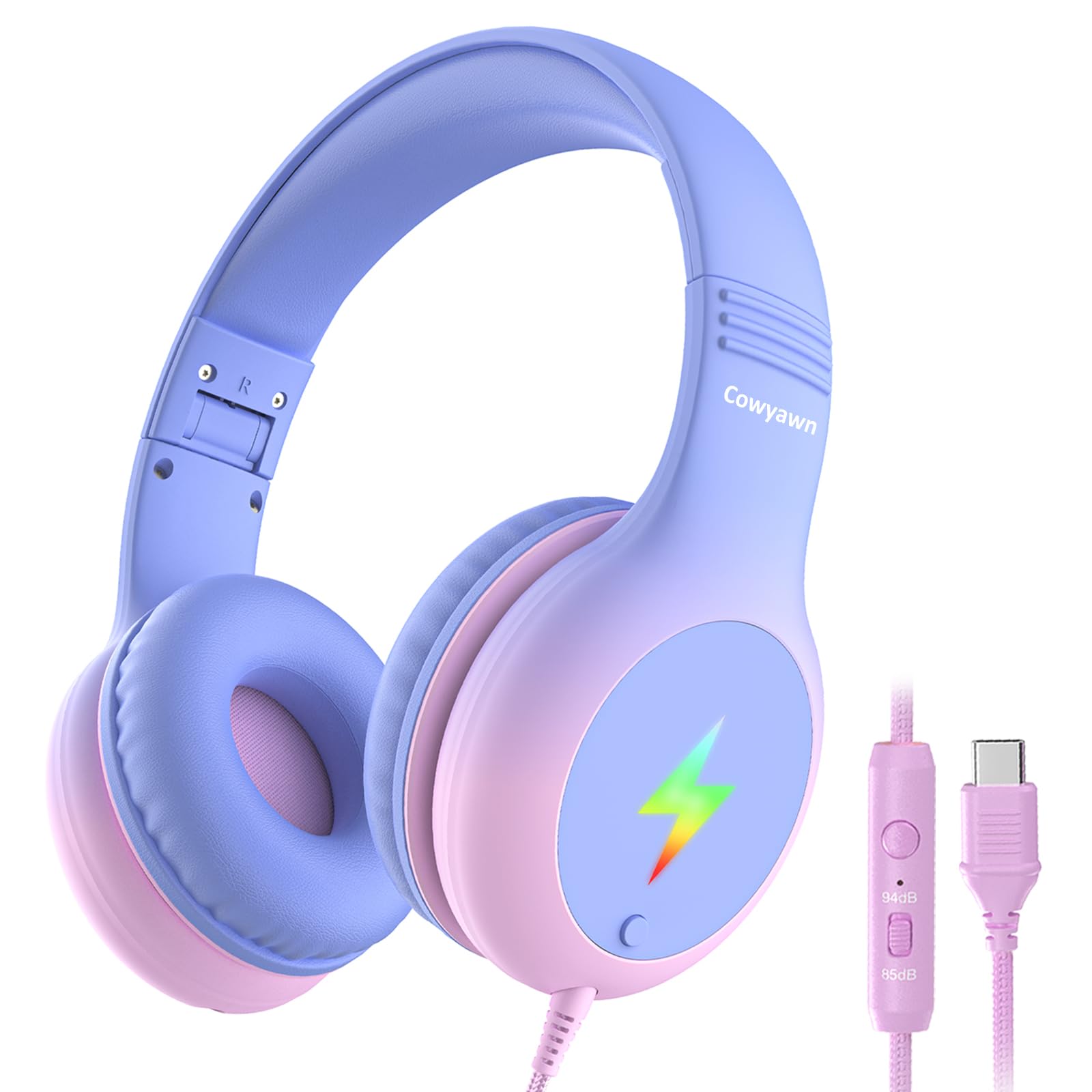 Cowyawn USB Type C Kid Headphones, Kid Wired Headphones with Mic/LED Lights