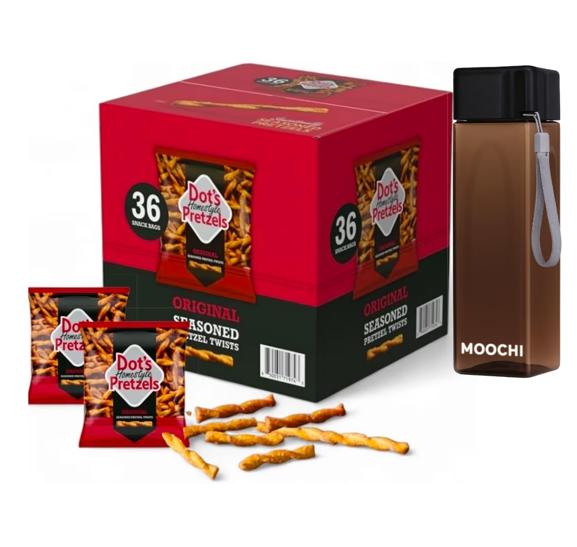 Dot’s Homestyle Pretzels – Original Seasoned Pretzel Twists (36 Snack Bags) – Baked, No Artificial Flavors – Wholesome, Crunchy, Healthy Kids Snacks, Bundled by MOOCHI. Plus, get a bonus reusable water bottle—perfect for gifting or everyday use!