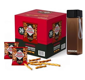 Dots Homestyle Pretzels Original Seasoned Pretzel Twists 36 كيسًا للوجبات الخفيفة مخبوزة، بدون نكهات صناعية، وجبات خفيفة صحية ومقرمشة للأطفال، مجمعة بواسطة MOOCHI. بالإضافة إلى ذلك، احصل على زجاجة مياه إضافية قابلة لإعادة الاستخدام ومثالية للهدايا أو الاستخدام اليومي!