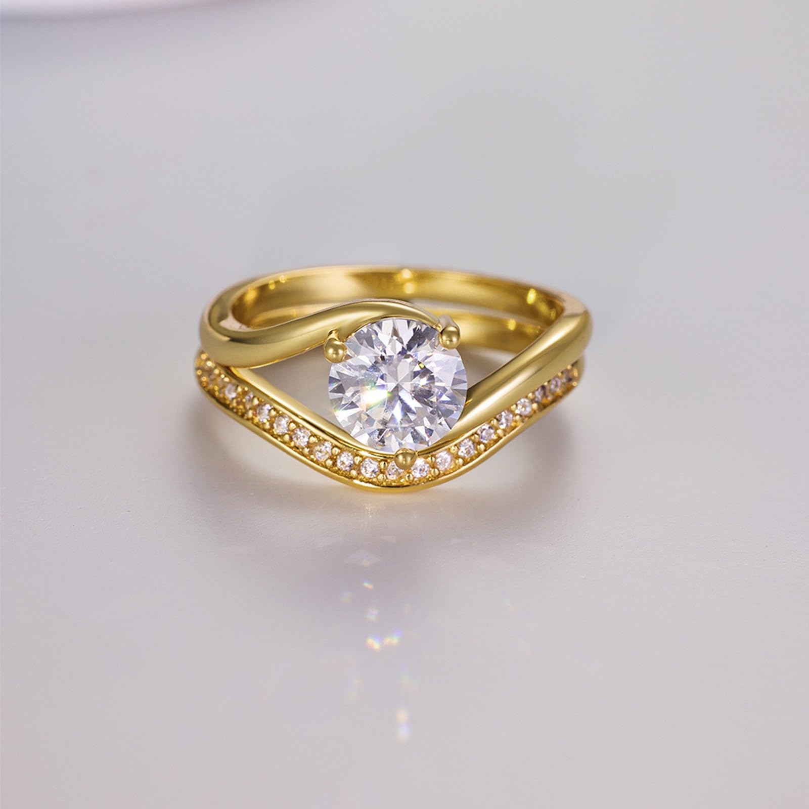 Anelli da Donna Vintage, Oro 9K/14K/18K Set di 2 Anelli ondulati con moissanite da 6,5 mm e 1 carato