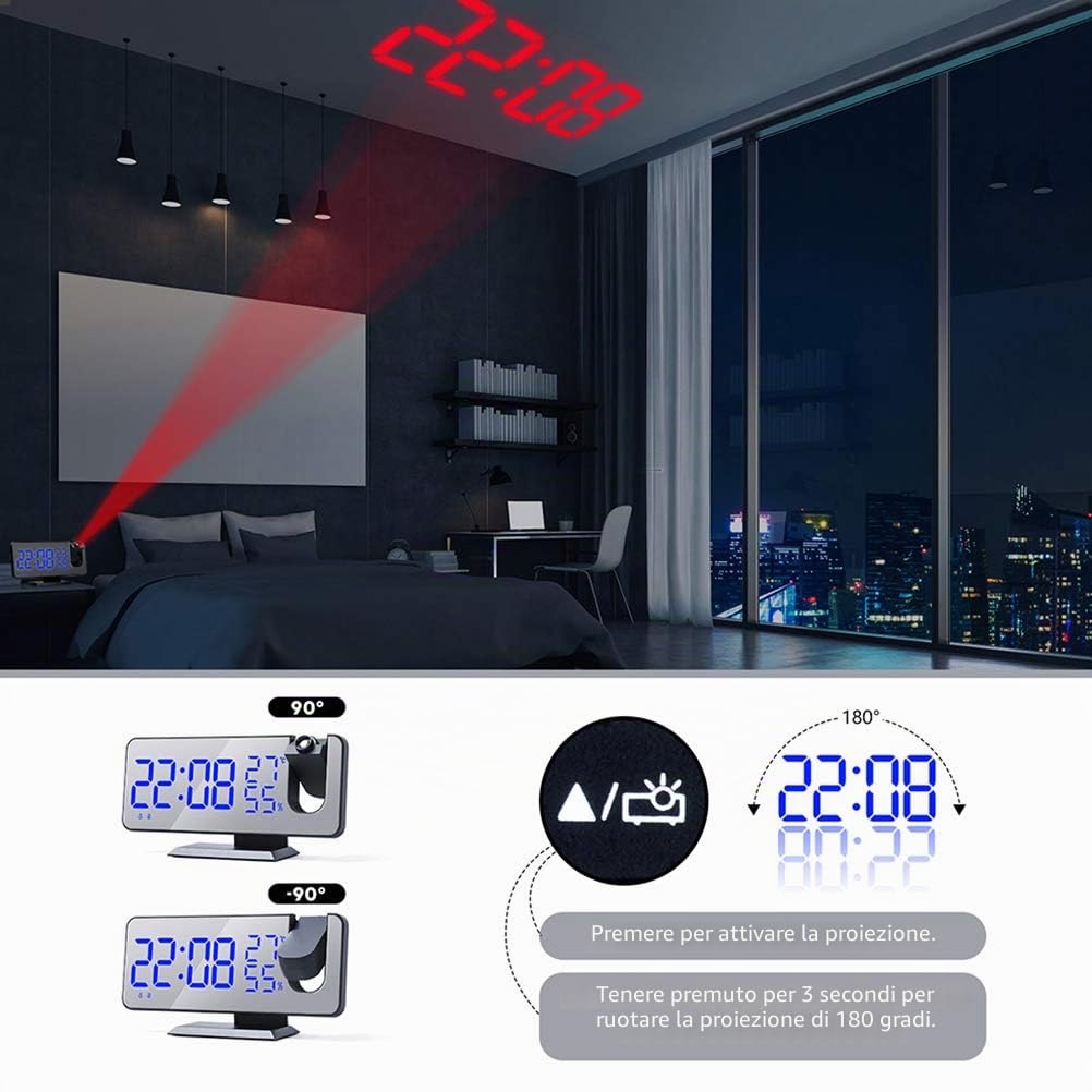 Sveglia Digitale, Radio Sveglia proiettore, Sveglia a Specchio alla Moda con Doppio Allarme, 4 luminosità dello Schermo Regolabile, 8 Display, Rotazione di 180°, Cavo USB da 1,5 m, Radio FM