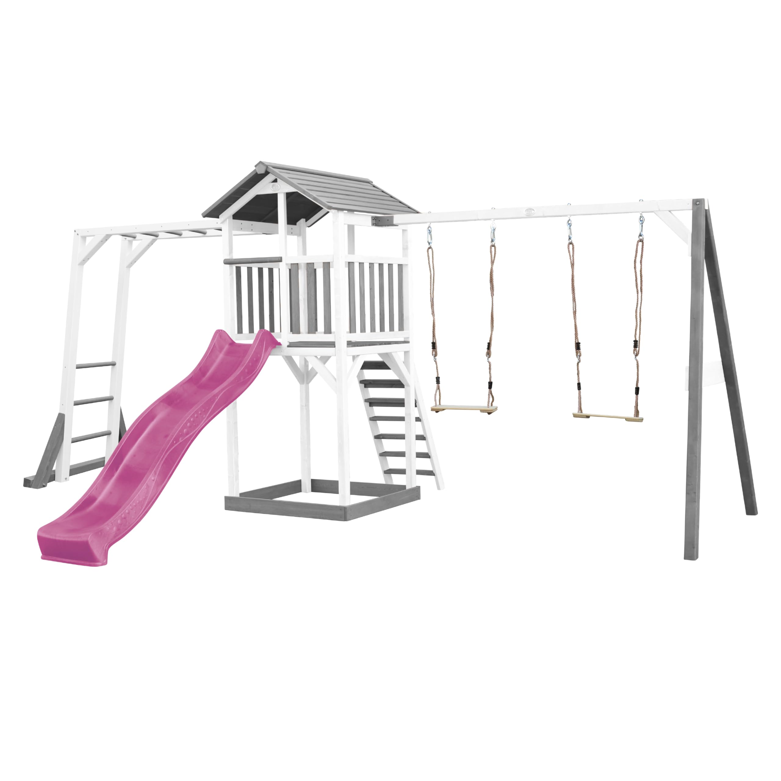 AXI Beach Tower Spielturm aus Holz in Weiß & Grau | Spielhaus für Kinder mit lila Rutsche, Klettergerüst, Doppelschaukel und Sandkasten | Stelzenhaus für den Garten