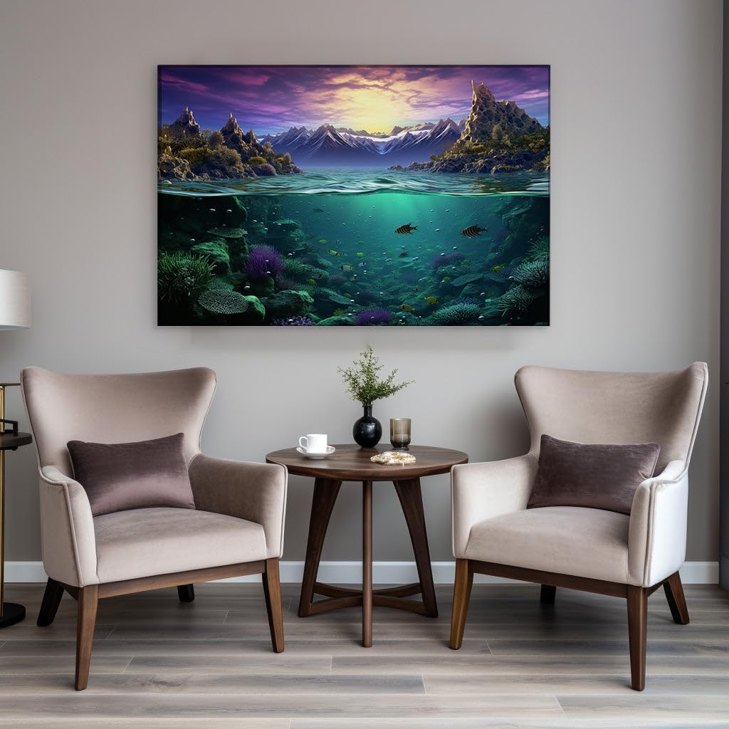 Canvas for Living room. Underwater Wonders Meet Mountain Majesty in a Dreamlike Artistic Realm, 27 x 18 inch Canvas Wall Art - Beach Sunsets And Sunrises - Modern Home Decor - 69x46 cm (27x18 inch)