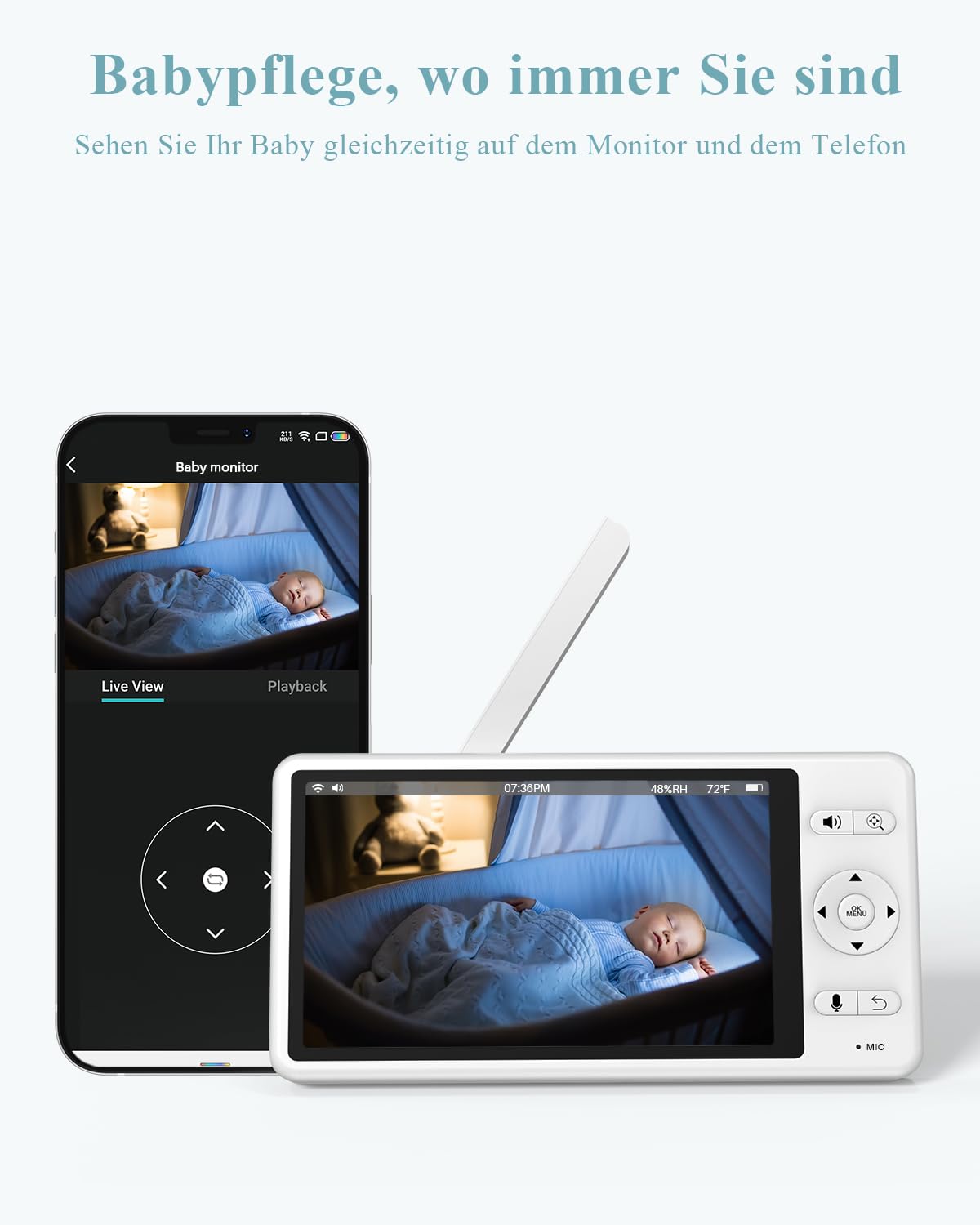 WUUK 2K Babyphone mit 2 Kameras (blau), 5,5 Zoll Display mit 360° Kamera | 135° Weiter Blickwinkel, APP Unterstützen, One-Touch-Anruf, Bewegungs/Geräuscherkennung, White Noise