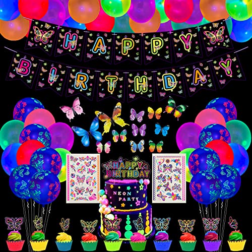 Schmetterlings-Leucht-Neon-Party-Dekorationen - Glow-Luftballons, im Dunkeln leuchtendes Geburtstagsbanner, Tattoo, Schmetterlings-Aufkleber und Tortenaufsatz für leuchtende Party-Dekorationen Cover