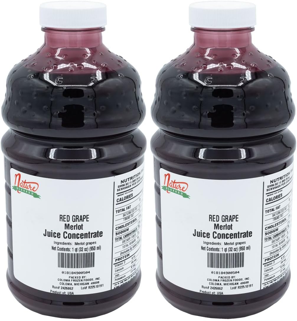 Nature Blessed 100% Pure Merlot Red Grape Fruit Juice Concentrate - 2 Quarts (2/32 fl oz bottles), Perfect for Home Vintners, Brewers, Hard Cider, Spirits, Smoothies,