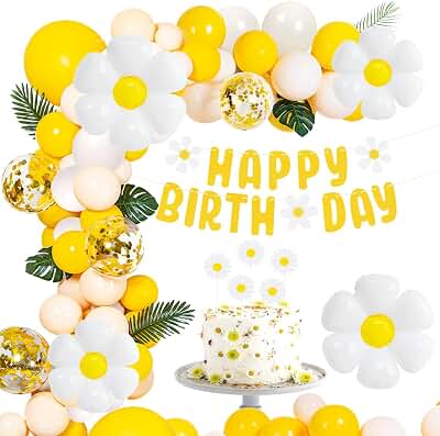 Juego de globos de cumpleaños de margaritas, globos de papel de aluminio XXL con guirnalda de feliz cumpleaños, fiesta de flores, cumpleaños infantiles, globos blancos y amarillos para bodas, baby