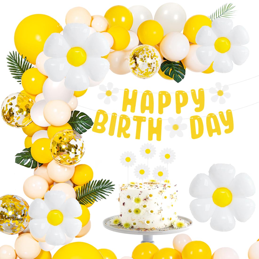 Set Di 110 Decorazioni Per Baby Shower A Tema Margherita – Palloncini Oro Giallo E Bianco, Ghirlanda, Vite E Coriandoli – Per Festa Di Compleanno, Rivelazione Genere, Matrimonio Boho