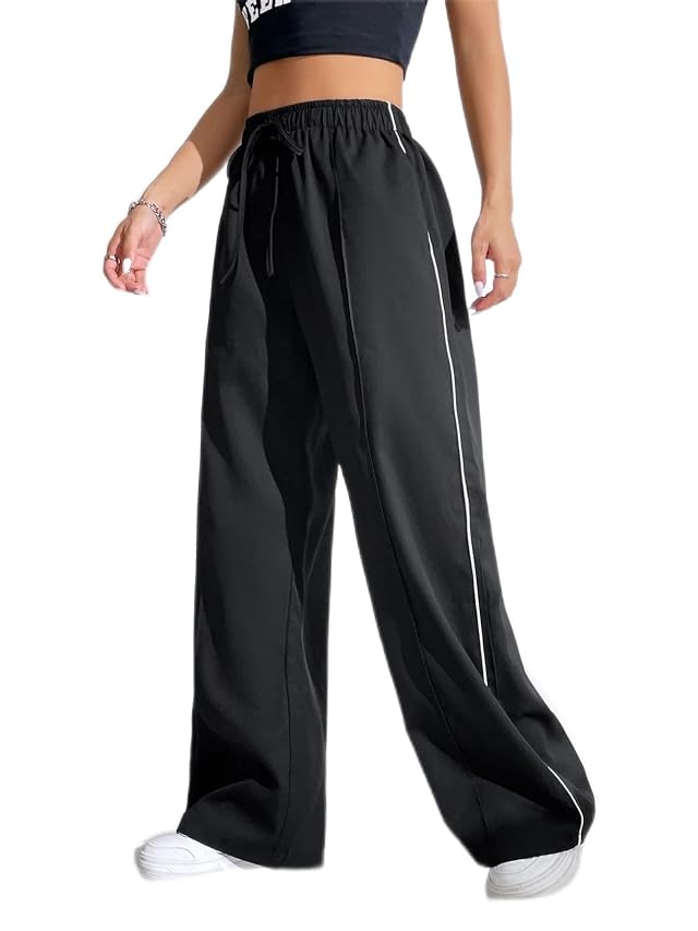REDESYN Pants for Women Womens Pant Contrast Piping Slant Pocket Drawstring Waist Wide Leg Pants Pants Color Black
