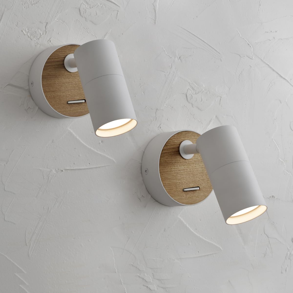 Lampada da Parete con Interruttore Bianco,2 Pack Lampada in Legno Vintage Spot da Parete in Alluminio Paralume Ruotabile,Applique Indoor Compatto Letto Camera da Letto,Corridoio, Soggiorno,Gu10