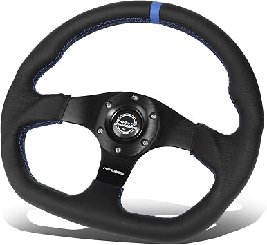 NRG Innovations NRG-RST-024MB-R-BL عجلة قيادة معززة من الجلد الرياضي مقاس 320 مم مع علامة مركزية زرقاء وخياطة زرقاء