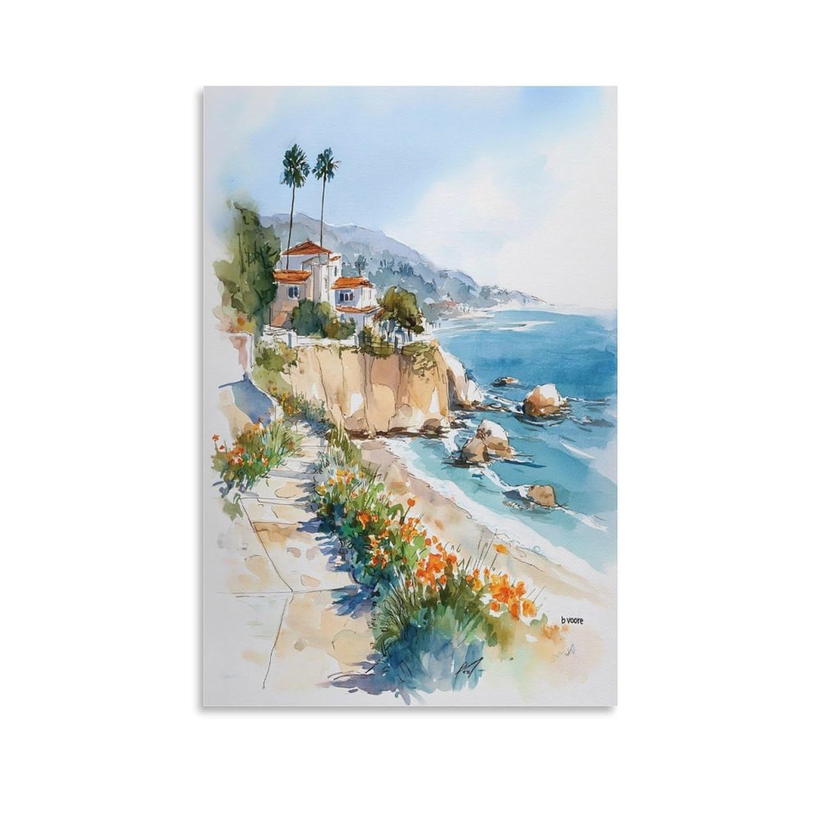 CNAHEIZ La Jolla Coast Watercolor 20x30inch(50x75cm) Vintage Travel Poster Watercolor Canvas Art