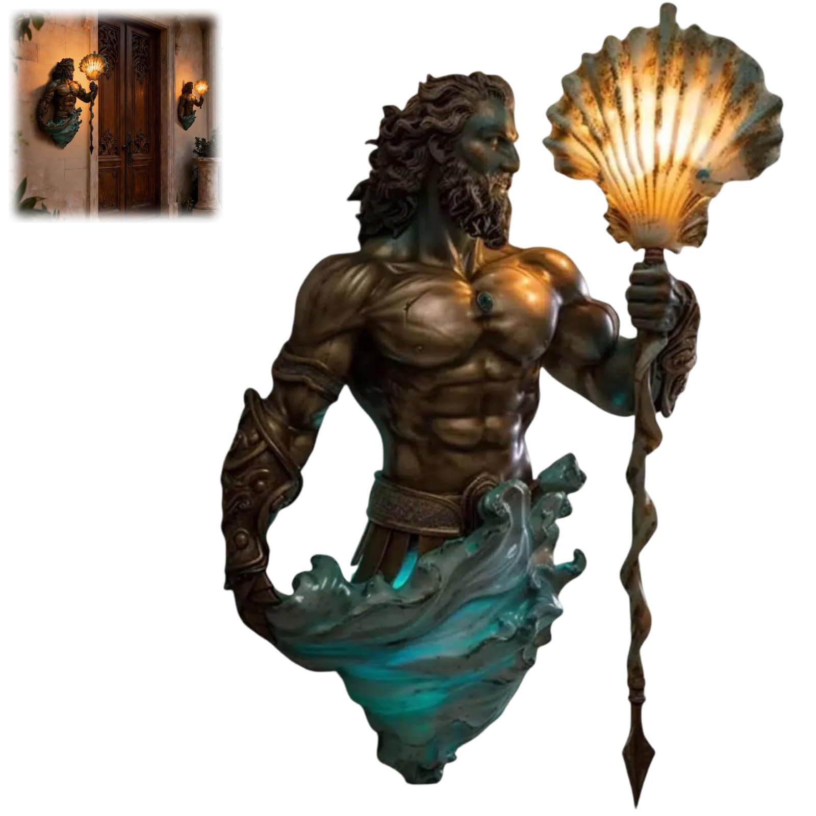 Poseidon Wall Lamp, Antique Bronze Poseidon Wall Sconce with 8 Inch Frosted Crystal Lantern, Vintage Ocean-Themed Night Light for Bedrooms, Living Room, Bathroom (Blue×1)