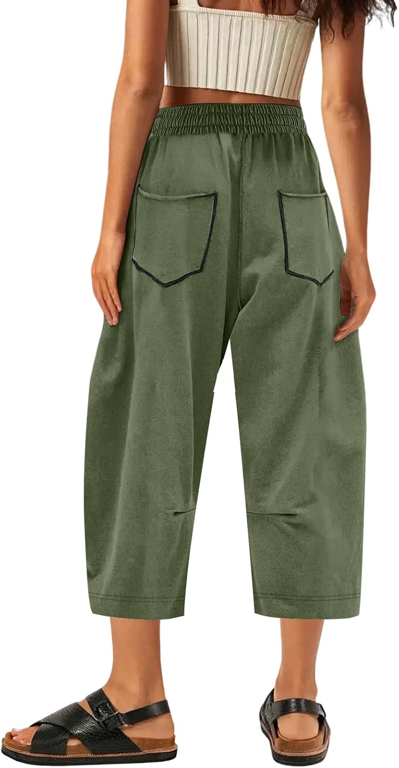hamovessi Capri Sweats for Women Summer Casual Drawstring Waist Barrel Sweatpants Baggy Contrast Patchwork Pants with Pockets