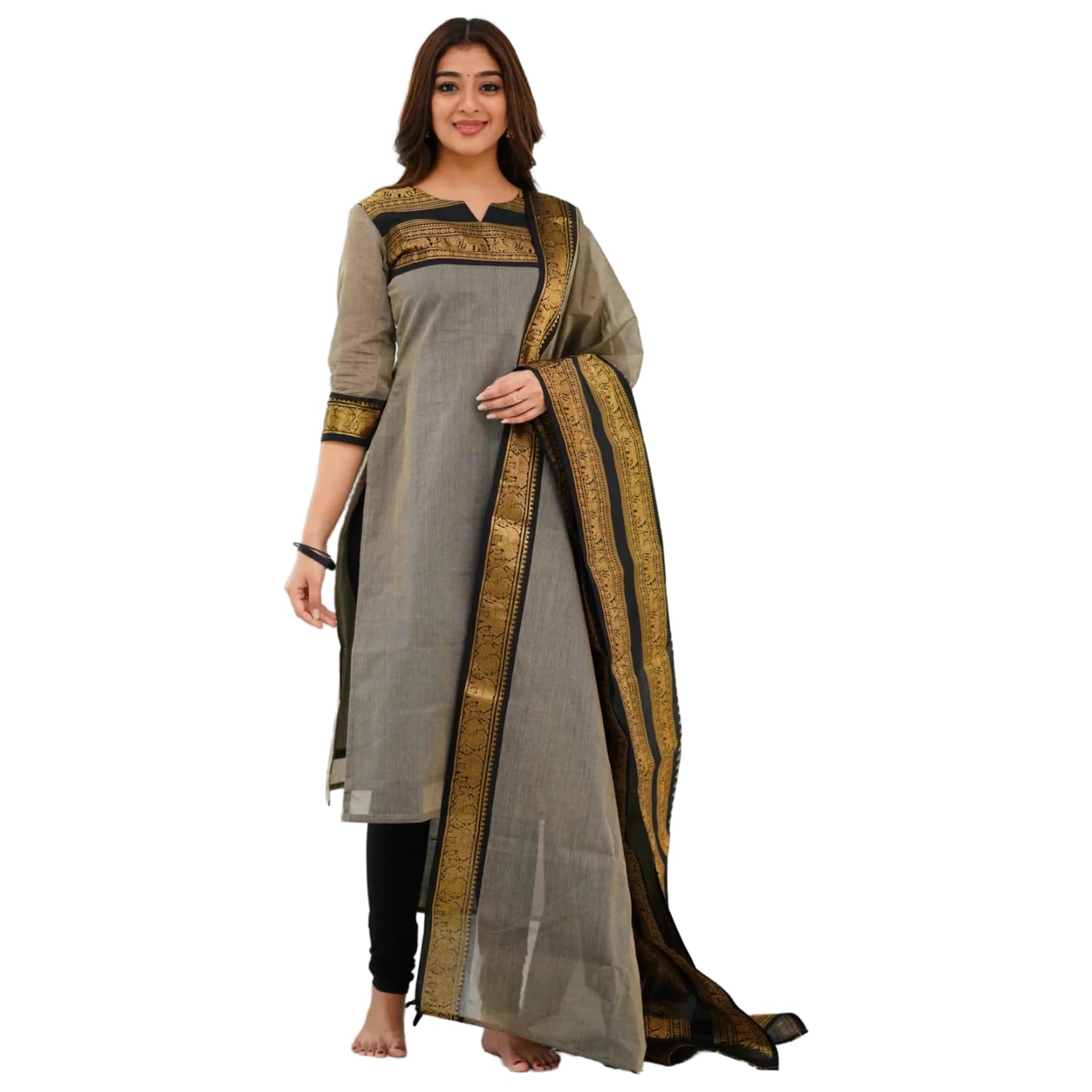 twinlight Women's Kanchi Cotton Elephant Jaquard Work Kurta and Dupatta Set | V Neck 3/4 Sleeves Straight Calf Length Kurti with Jaquard Border Work Dupatta | Kurti Set for Women-picture-31